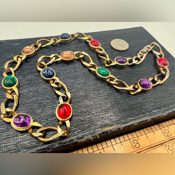 Vintage gold necklace colorful glass cabochons 19” statement jewelry - Picture 6 of 8